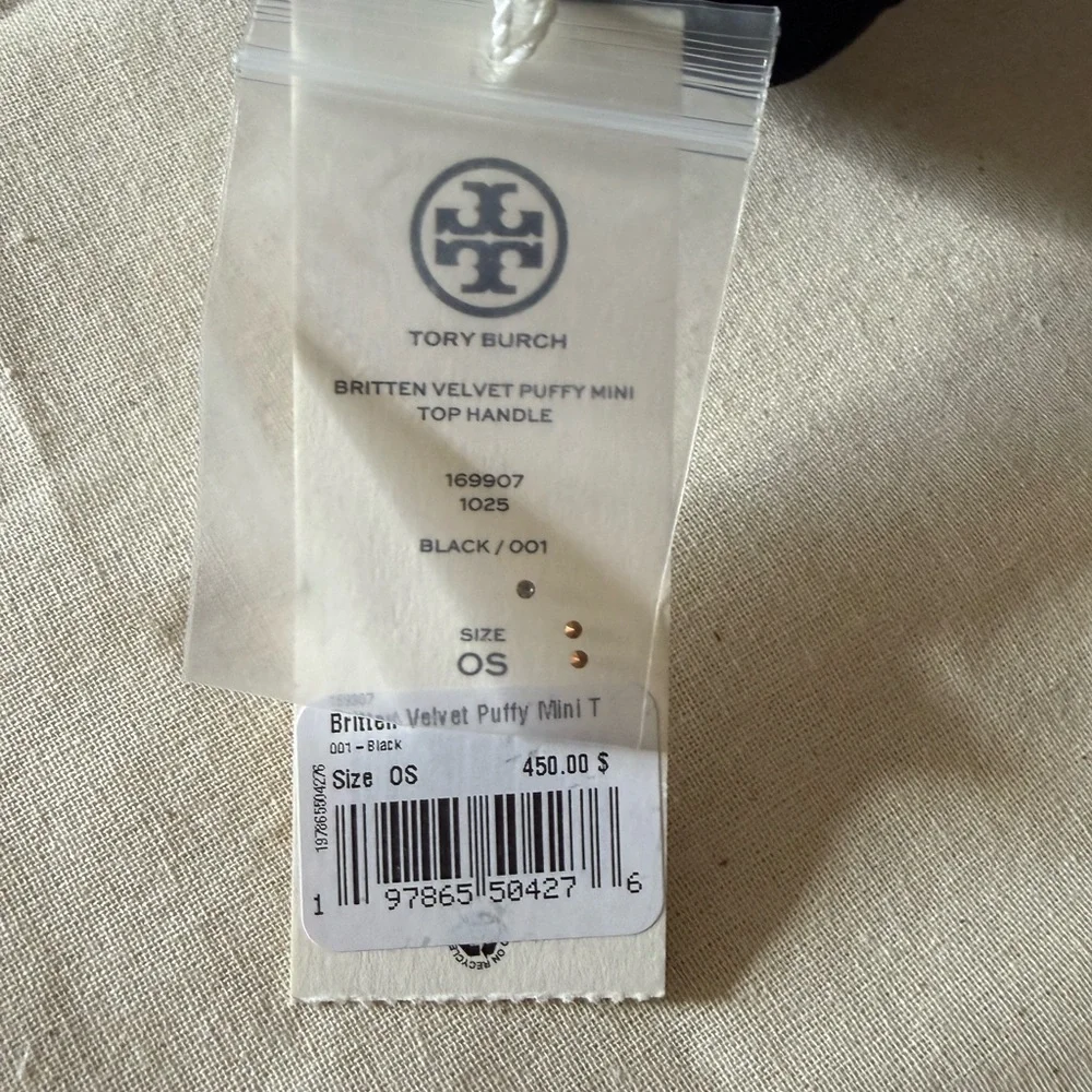 NWT , TORY BURCH BRITTEN VELVET PUFFY MINI TOP HANDLE BLACK